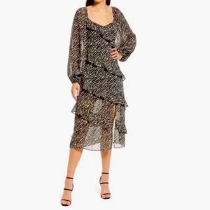 NWT FLORET STUDIOS Chiffon Midi Dress Diagonal Tiers Black/Cream XS